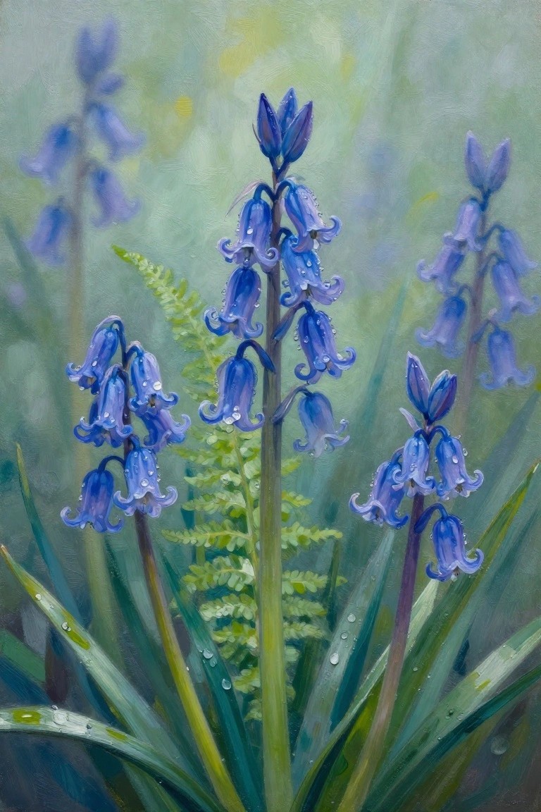 Bluebells with dew drops among ferns in a soft green meadow painting.