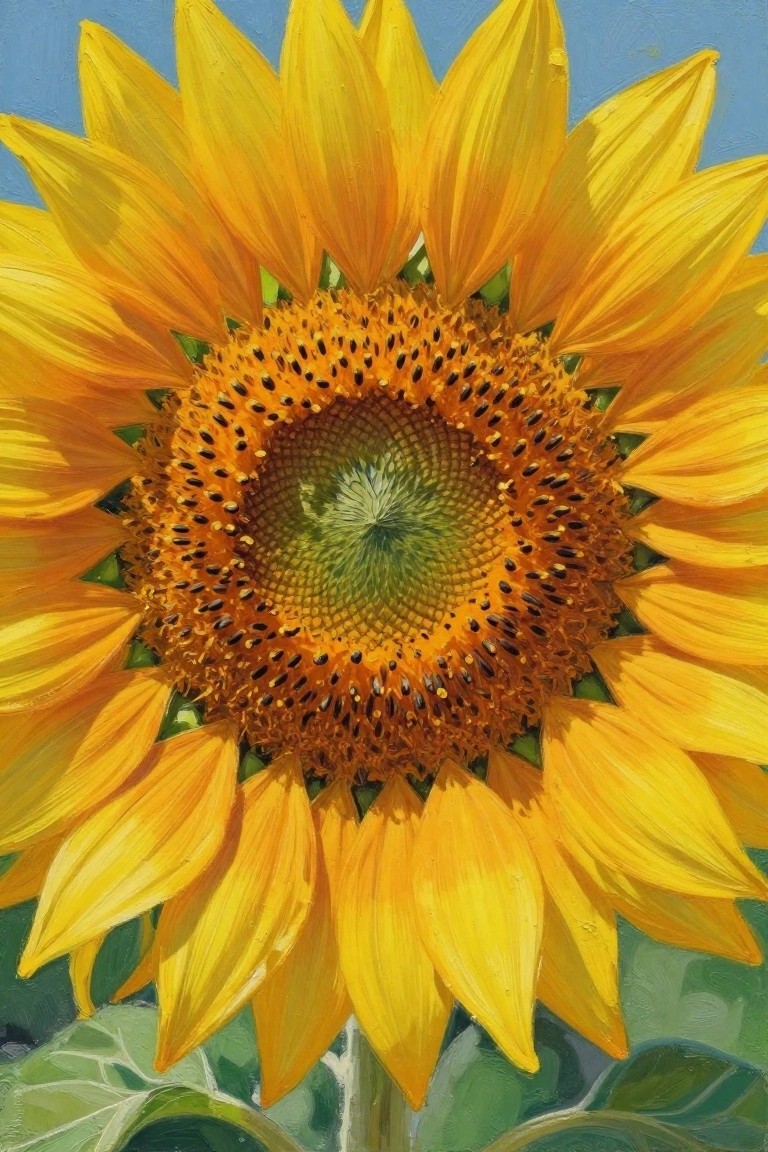 Vibrant yellow sunflower with detailed brown seed center against blue sky in painting