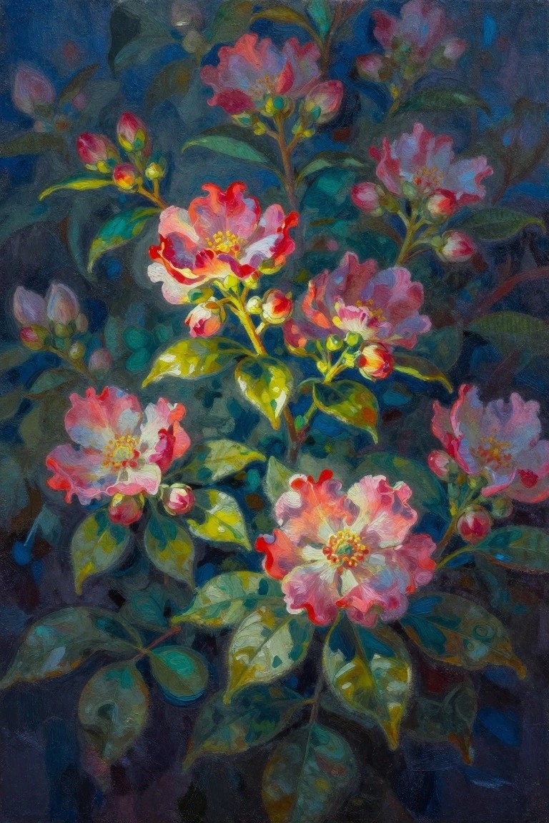 Vibrant pink-red flowers blooming amid lush green leaves on dark blue background