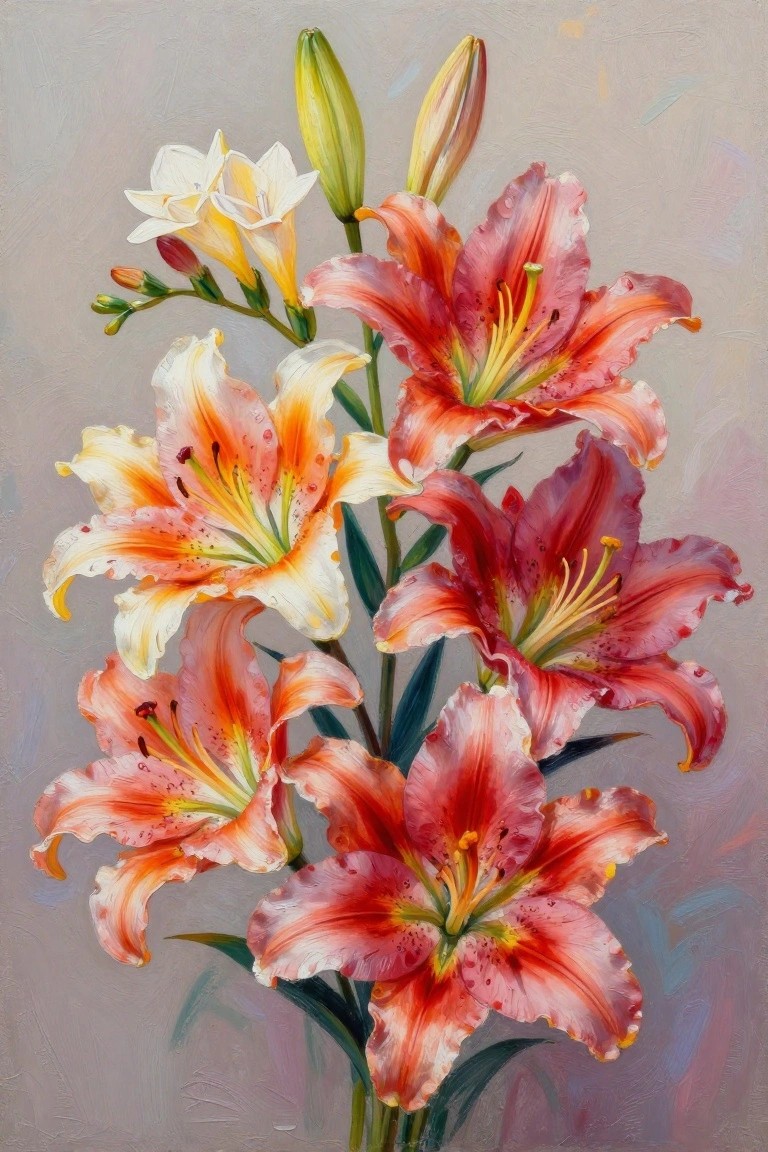 Vibrant pink-orange lilies with yellow stamens, buds, and dewdrops in oil painting.