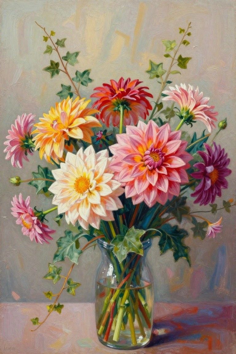 Vibrant pink, yellow, red, and white dahlias with ivy in a glass vase