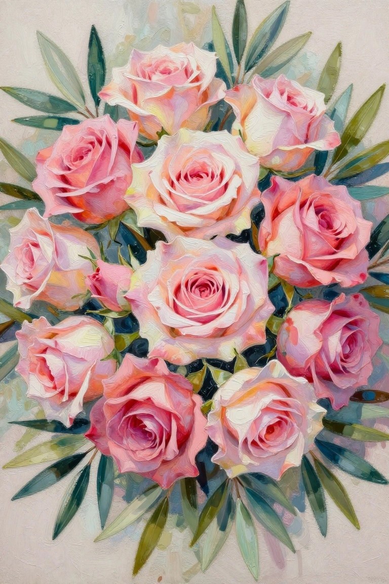 A painting of many pink roses clustered together with green leaves around the edges.
