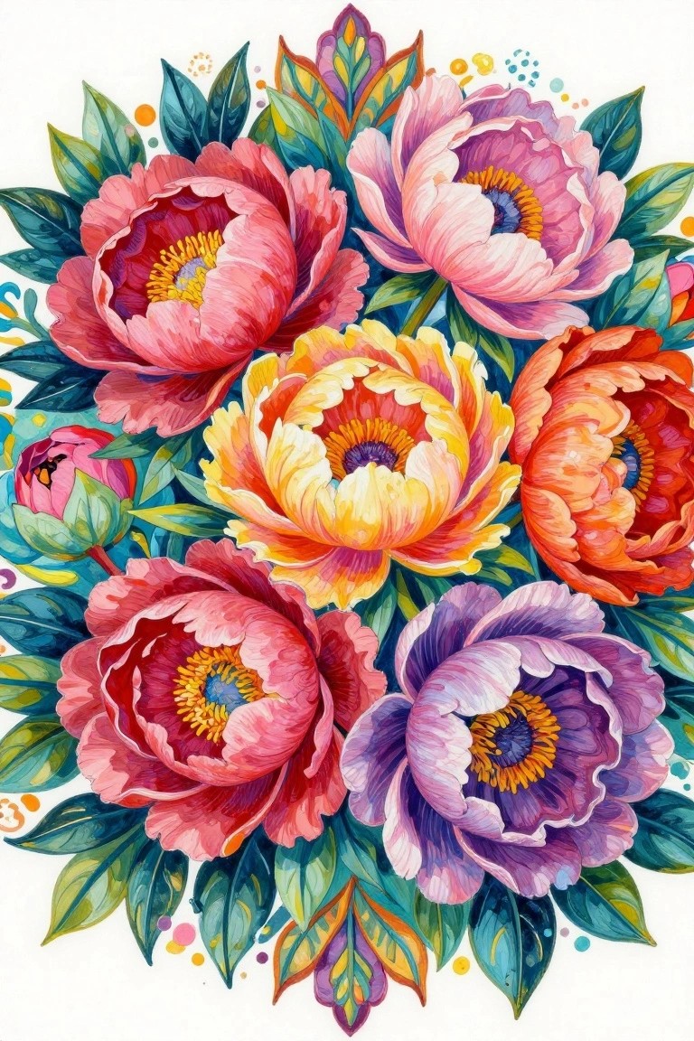 Vibrant peonies in pink, red, yellow, orange, and purple with green leaves and dots.
