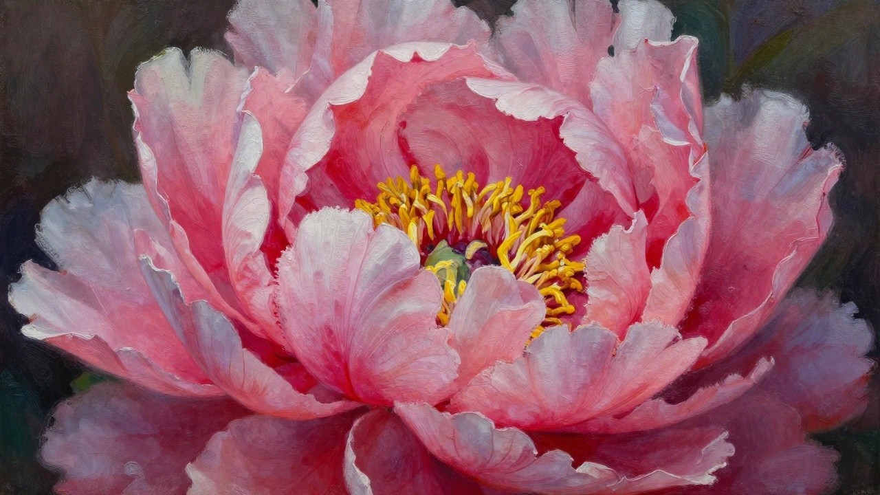 Large pink peony with layered petals and yellow center in oil painting style