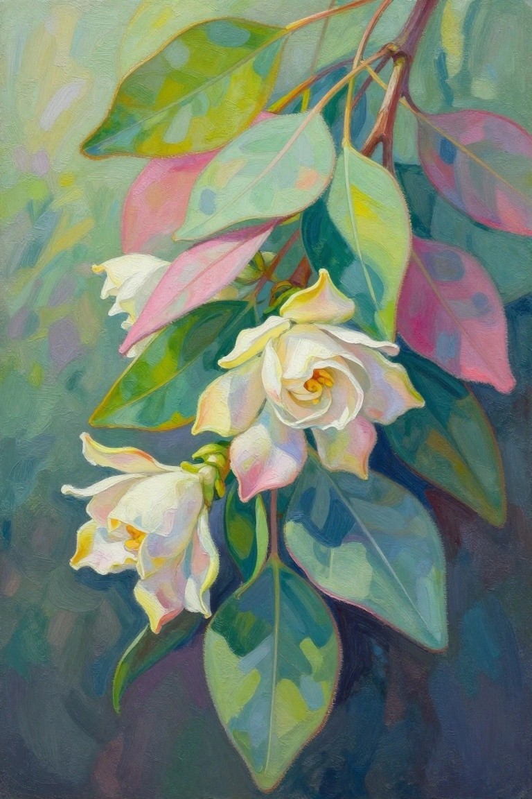 White flowers with pink hues bloom amid green and pink leaves in a painting.