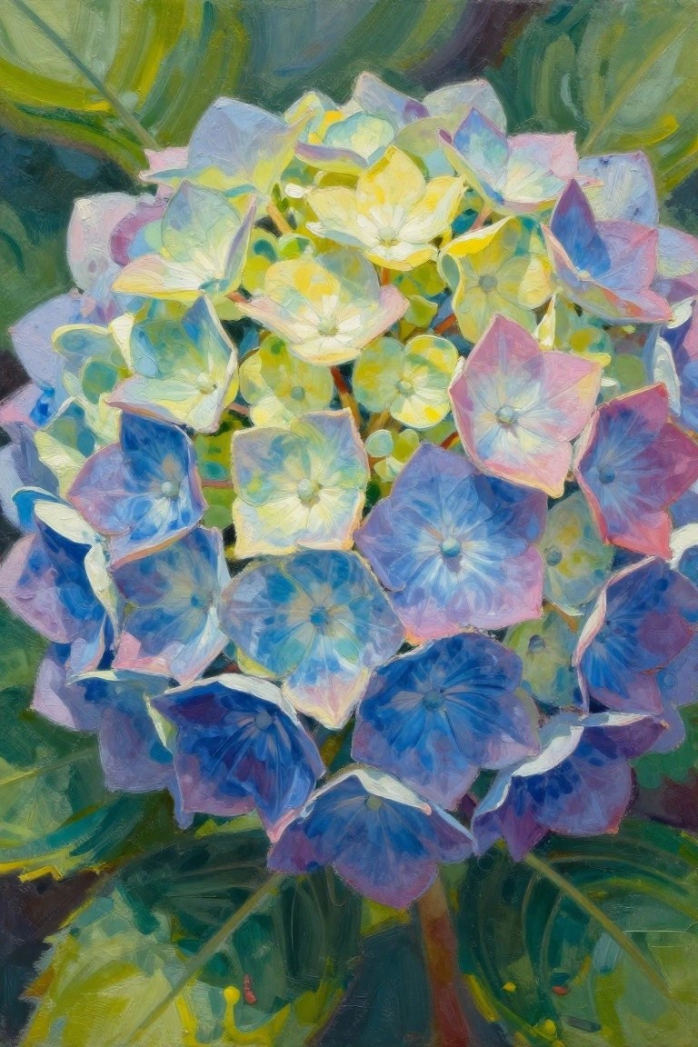 A close-up painting of a round cluster of hydrangea flowers showing blue, purple, pink, and yellow petals with green foliage in the background.