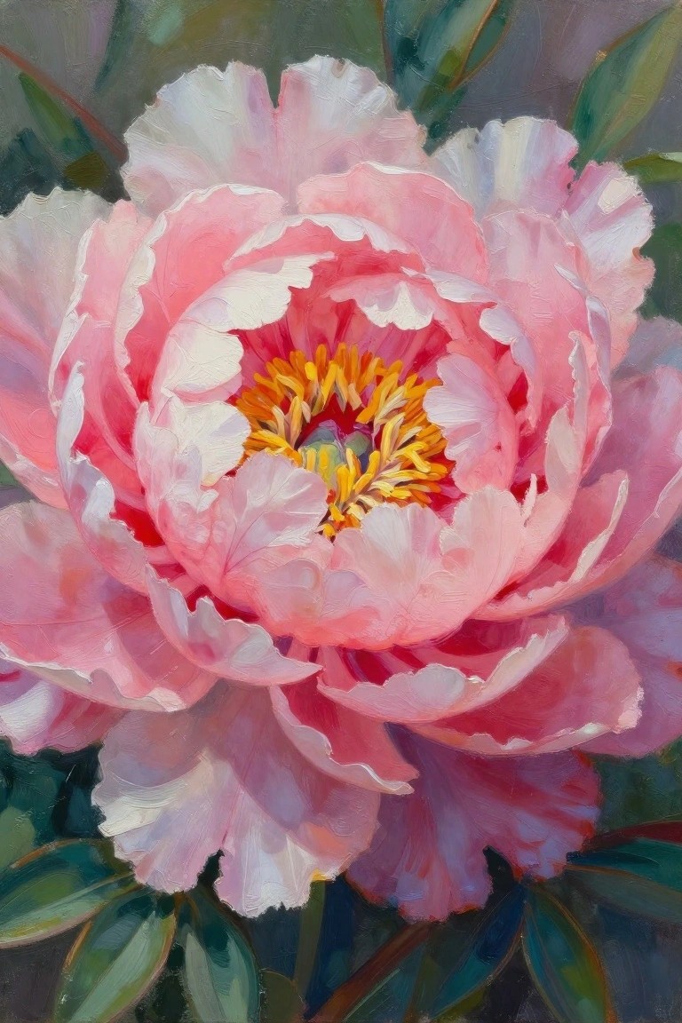 Large pink peony with layered petals and yellow center in oil painting style