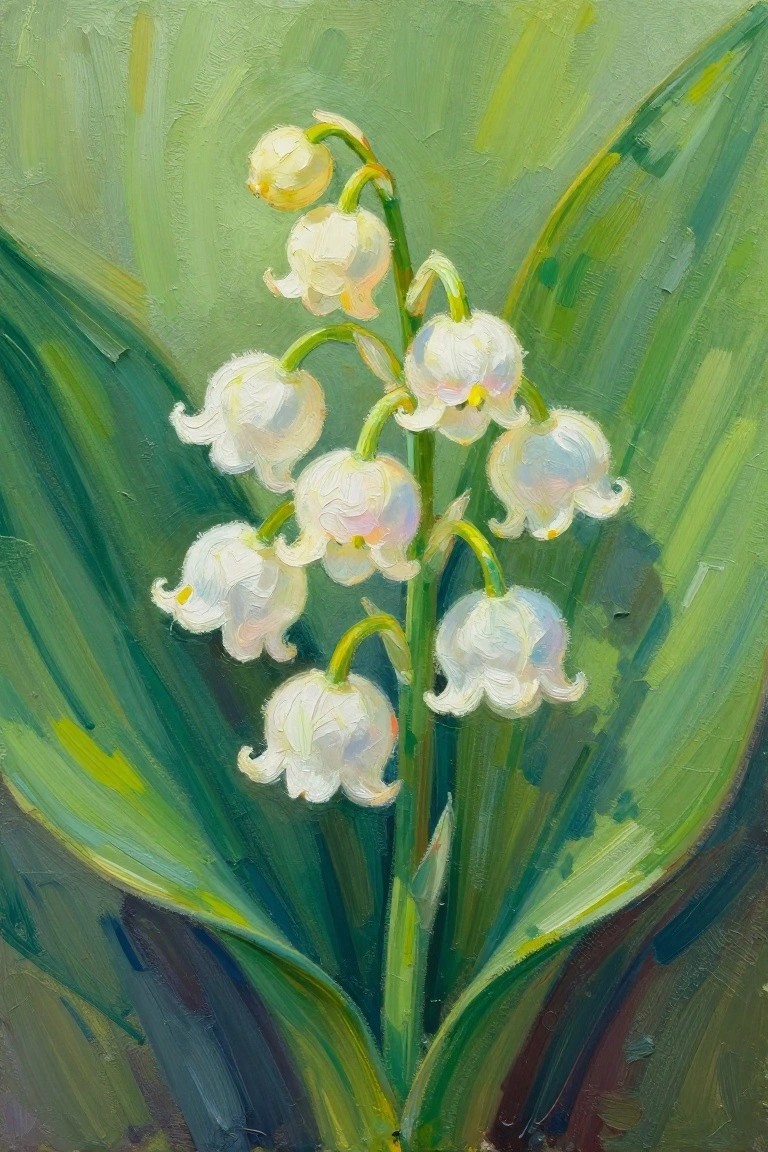 A painting of white lily of the valley flowers on a green stem with large green leaves in the background.