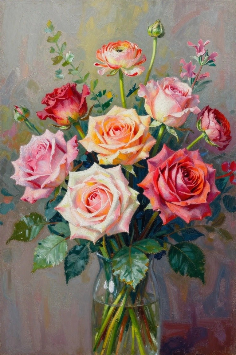 Oil painting of pink, red, and orange roses in a glass vase with leaves