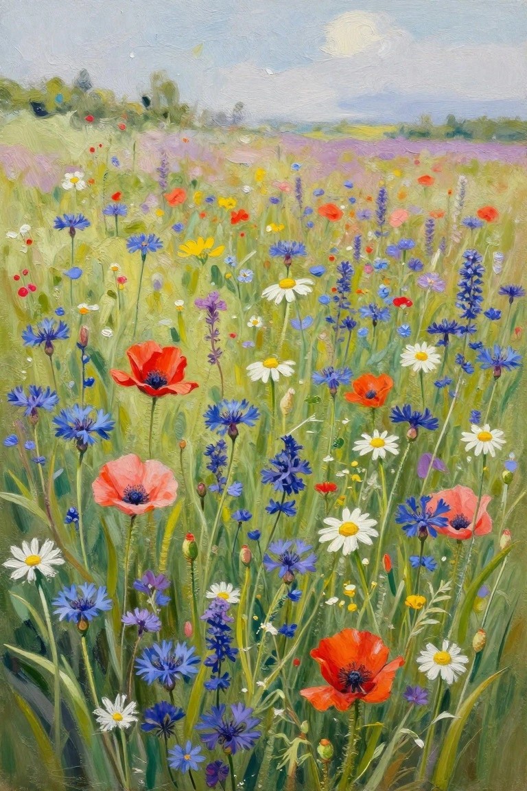 Vibrant wildflower meadow with red poppies, blue cornflowers, and white daisies.