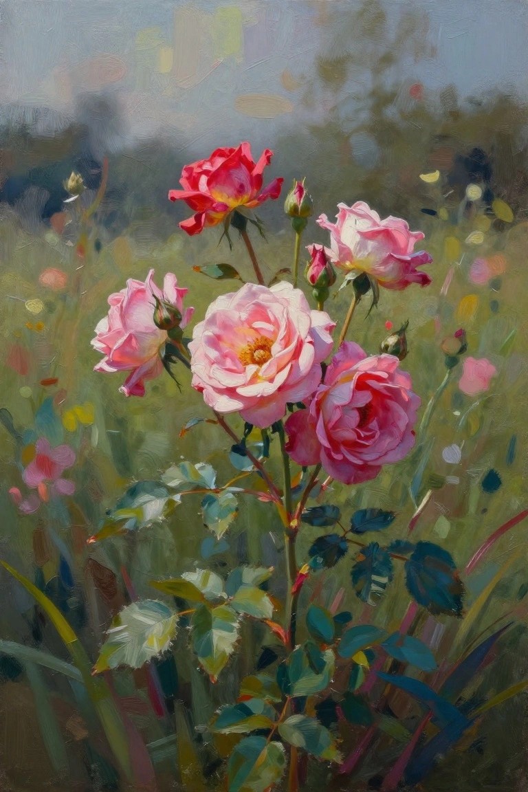 Pink and red roses blooming with green leaves in a soft meadow painting.