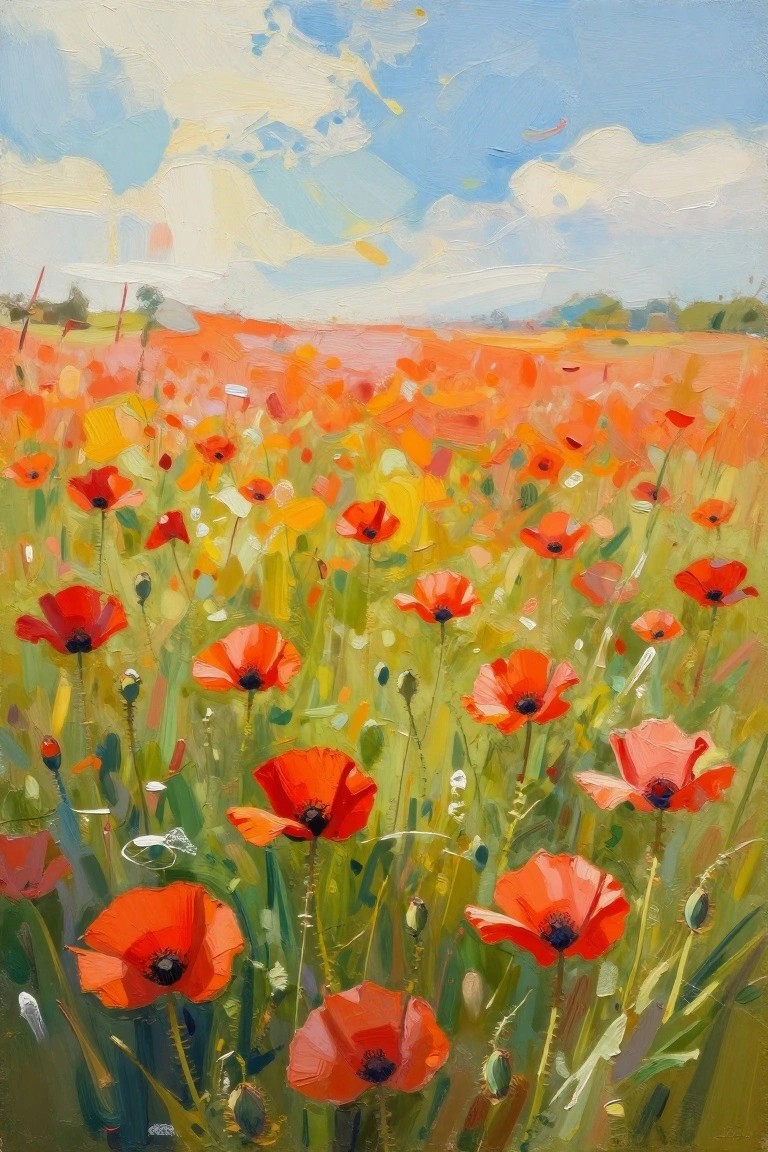 An impressionistic painting of a wide field of red poppies mixed with yellow flowers and green grass under a blue sky with soft clouds.
