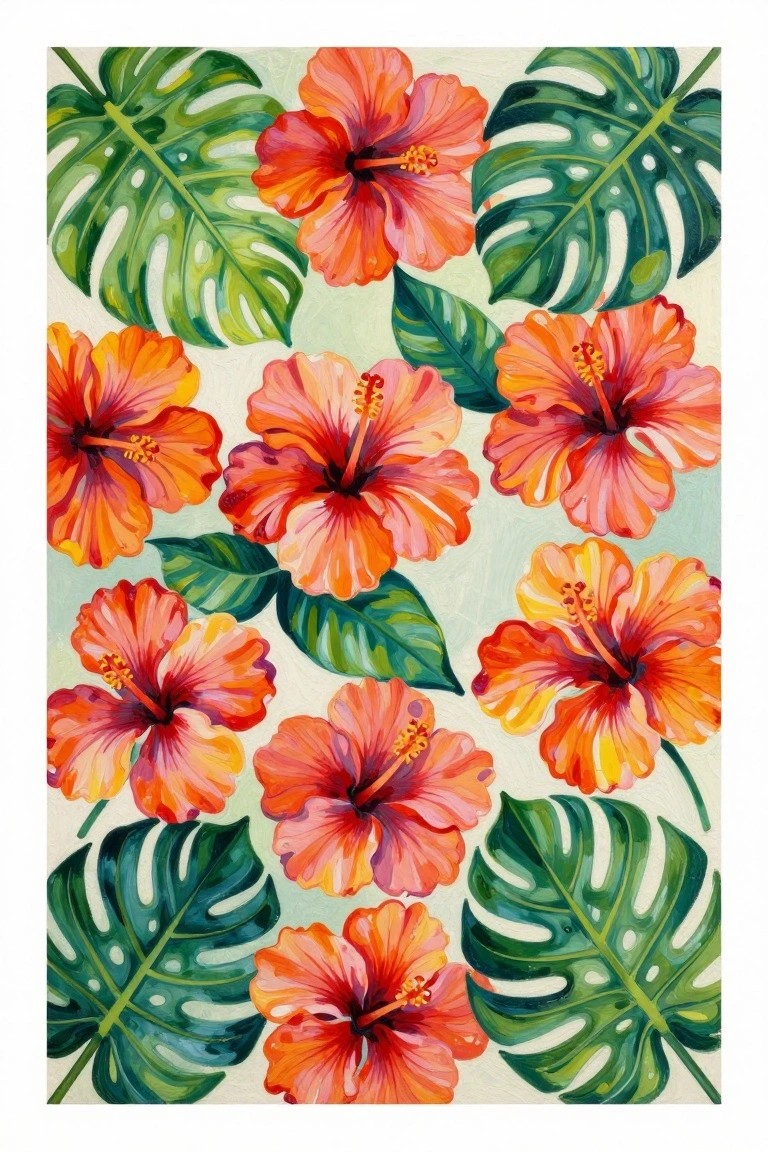 Vibrant watercolor of orange hibiscus flowers with green monstera leaves.