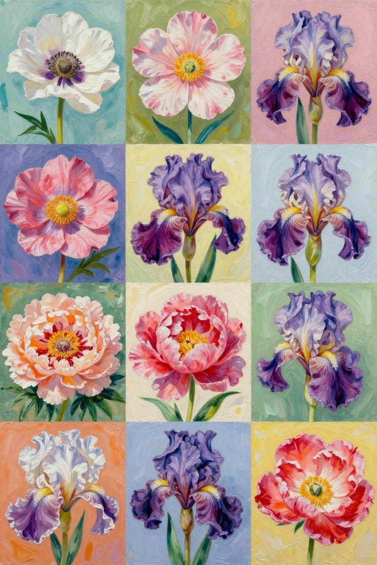 Twelve vibrant paintings of peonies and irises in a colorful grid