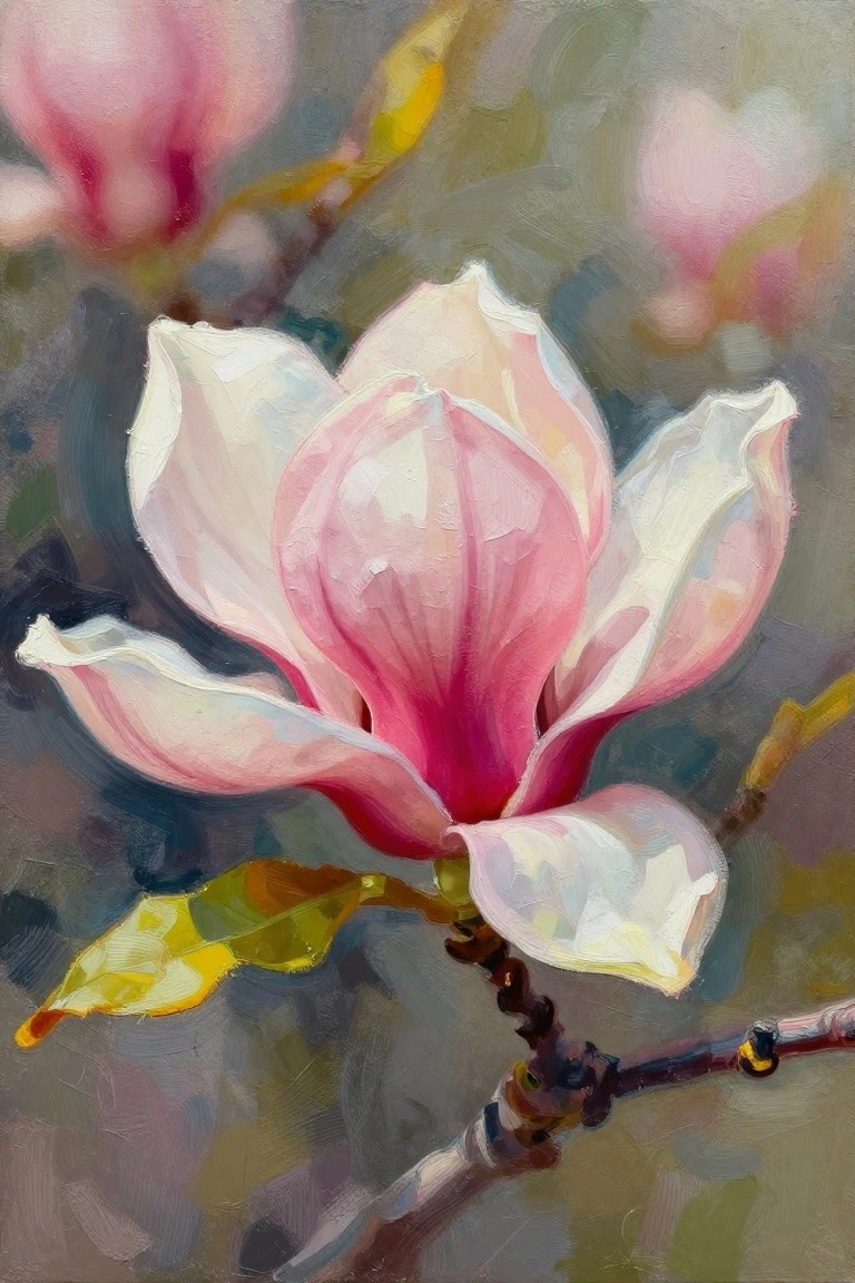Pink and white magnolia bloom on branch with green-yellow leaves.
