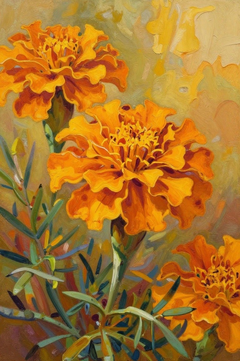 A close-up painting of several bright orange marigold flowers with green leaves against a soft textured background.