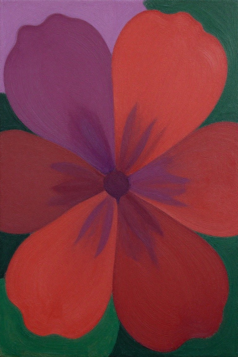 Large red-purple flower with dark center on green and violet background painting