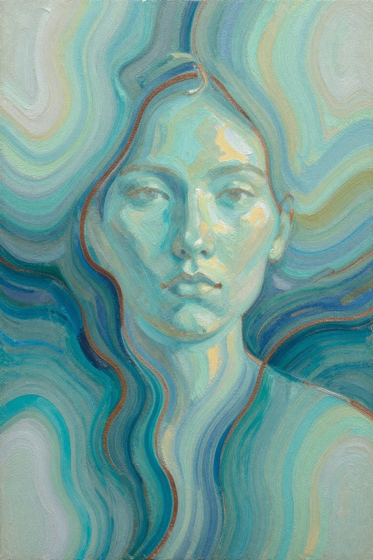 Abstract oil painting of a woman's face amid swirling blue-green waves