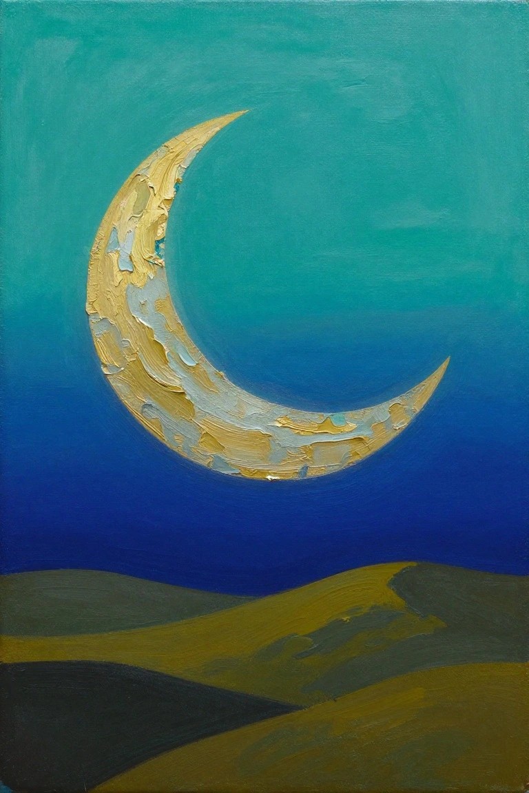 Thickly textured golden crescent moon in blue sky above yellow hills
