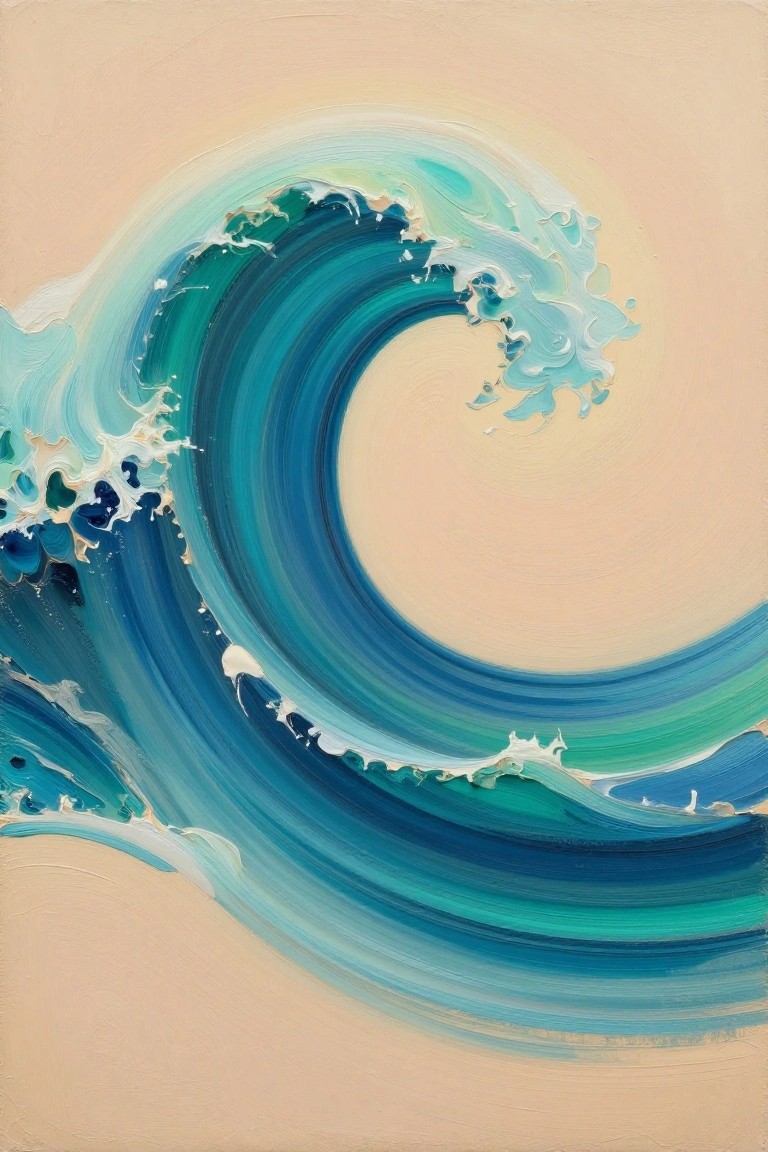 Curling blue and turquoise wave with white foam on peach background.