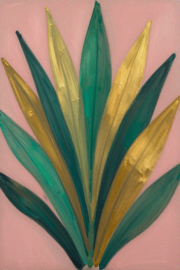 A painting of several elongated leaf shapes in shades of teal, green, and gold fanning upward on a pink background.