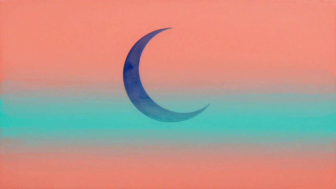 Crescent moon in pink-orange gradient sky above blue and turquoise waters.