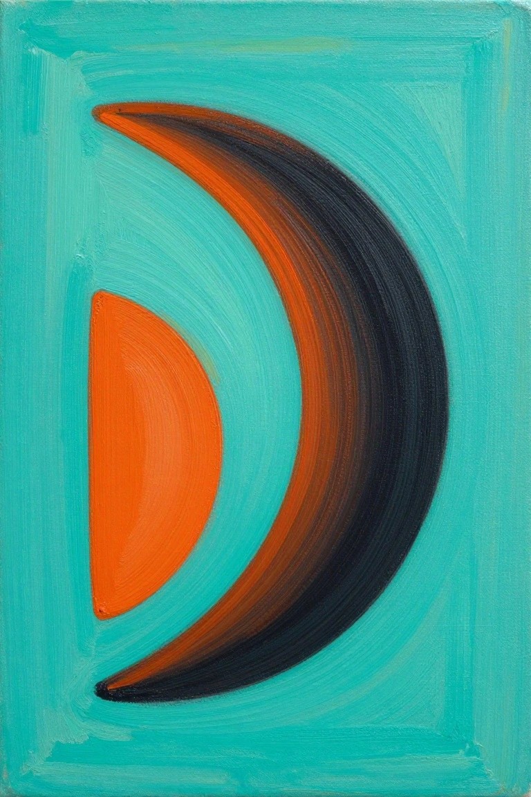 Abstract painting of large black-orange crescent and small orange semicircle on teal background.