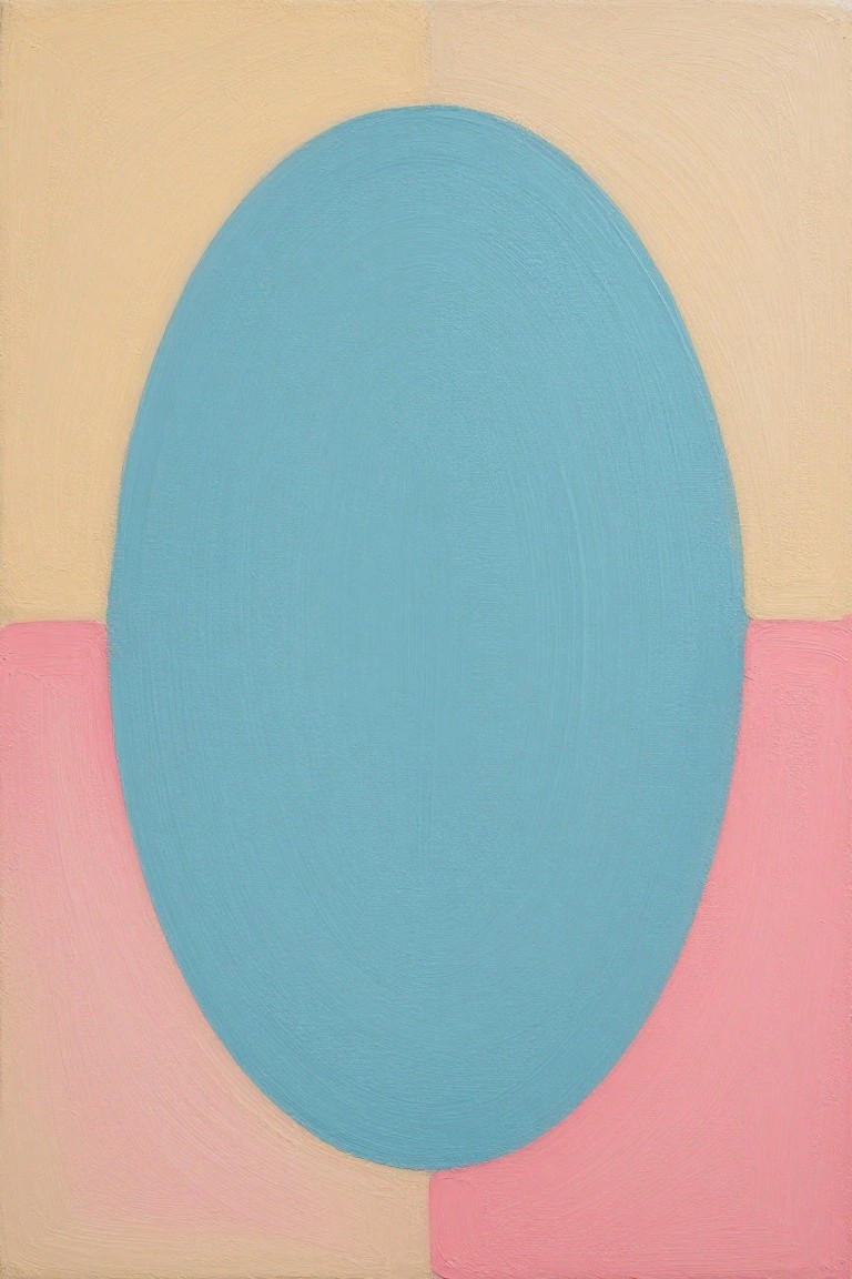Abstract painting of large cyan oval on split beige and pink background