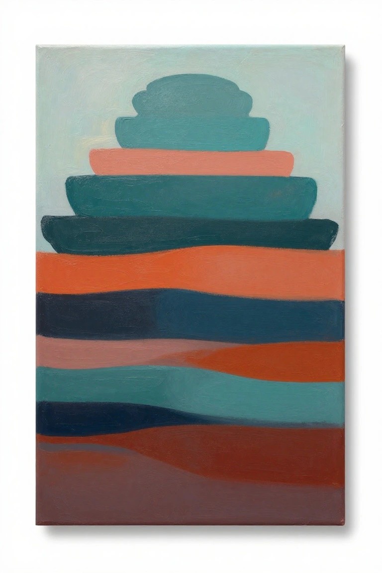 Abstract painting with stacked curved teal shapes above wavy orange and navy stripes.
