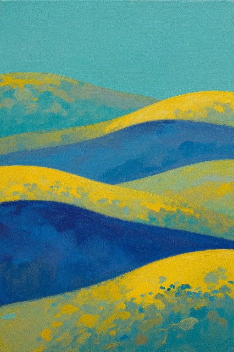 Abstract landscape of rolling hills in vibrant yellow, blue, and teal hues