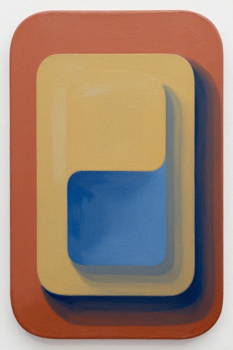 Minimalist abstract painting with nested rounded rectangles in terracotta red, mustard yellow, and blue with subtle shading.