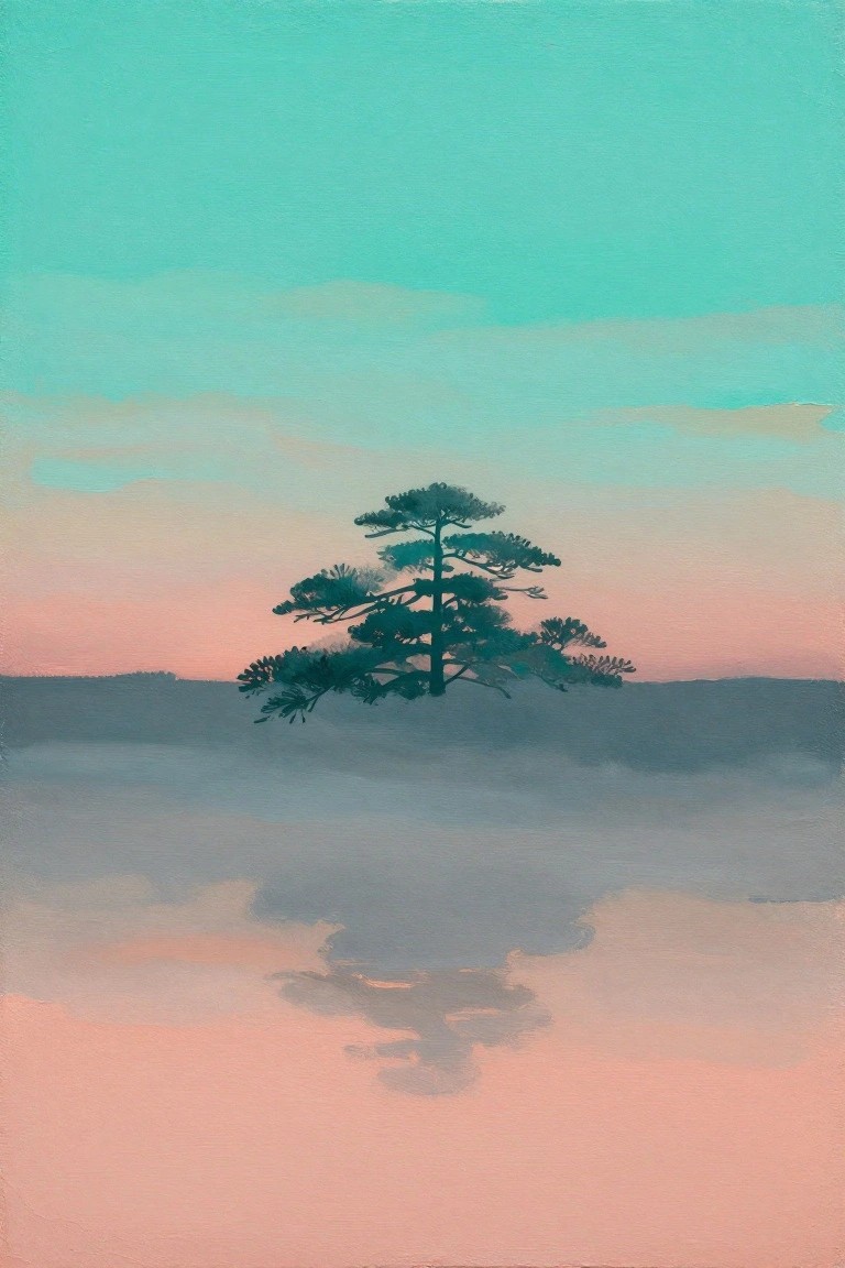 A painting of a single dark pine tree centered against a gradient sky from teal to pink with layers of soft gray fog below.