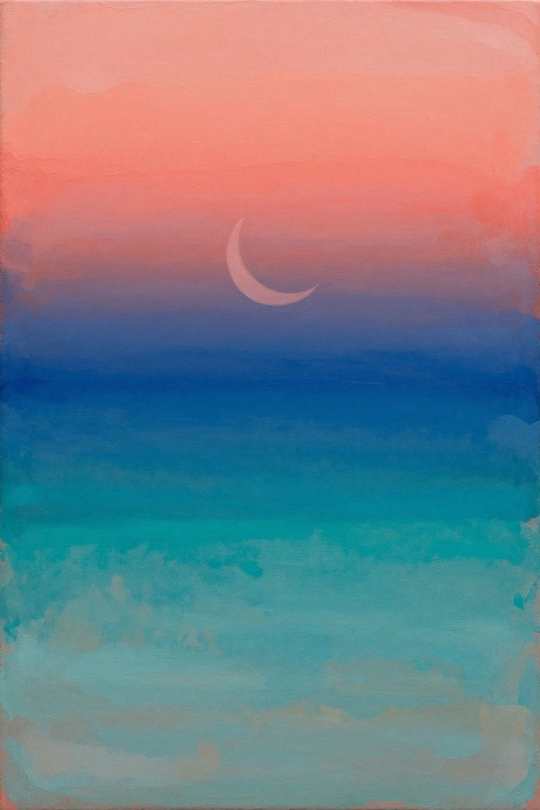 Crescent moon in pink-orange gradient sky above blue and turquoise waters.