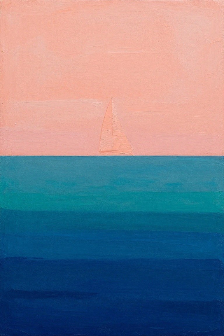 Minimalist oil painting of lone sailboat on layered blue-green ocean under pink sky