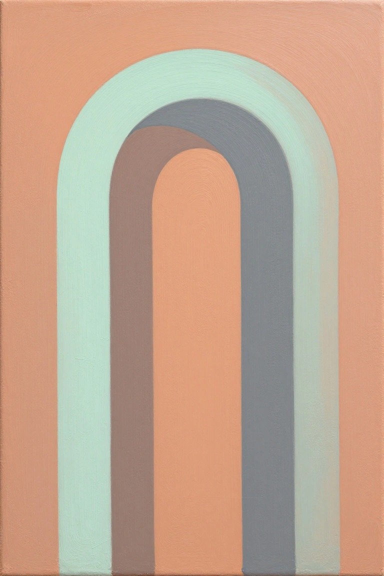 Abstract painting of nested arches in peach, teal, gray, and brown tones.