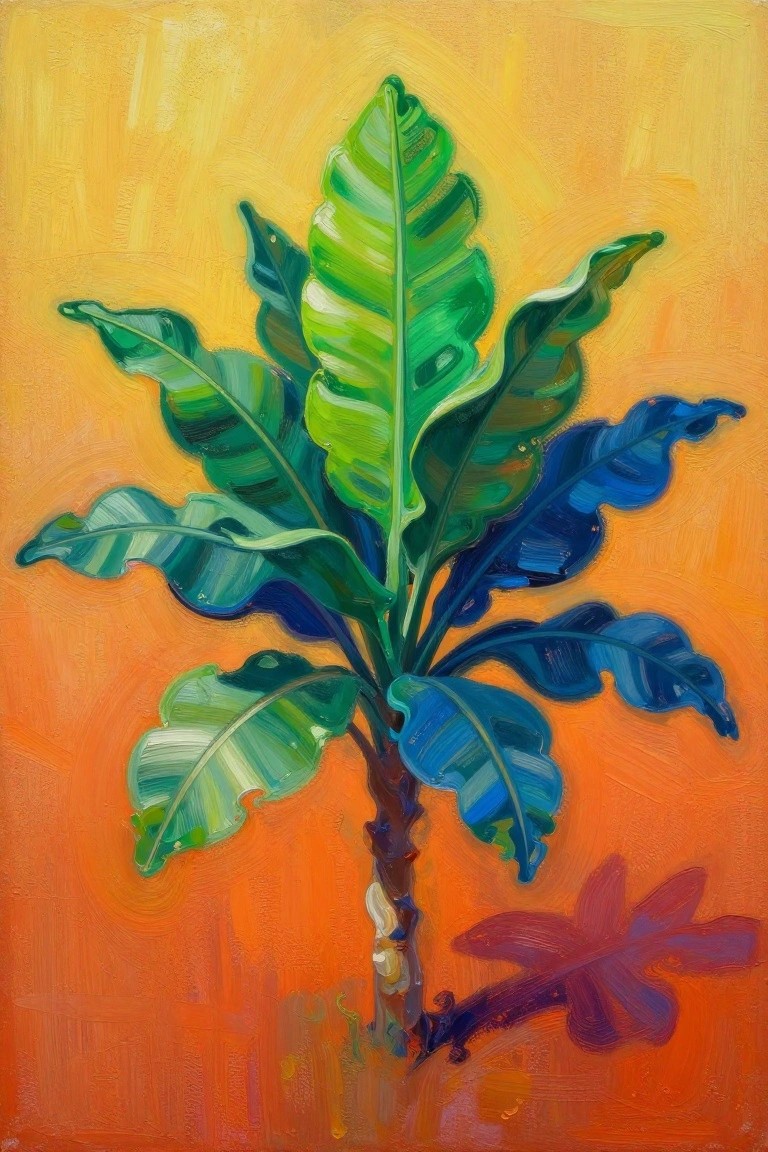 Vibrant painting of a tropical plant with green and blue leaves on orange background.