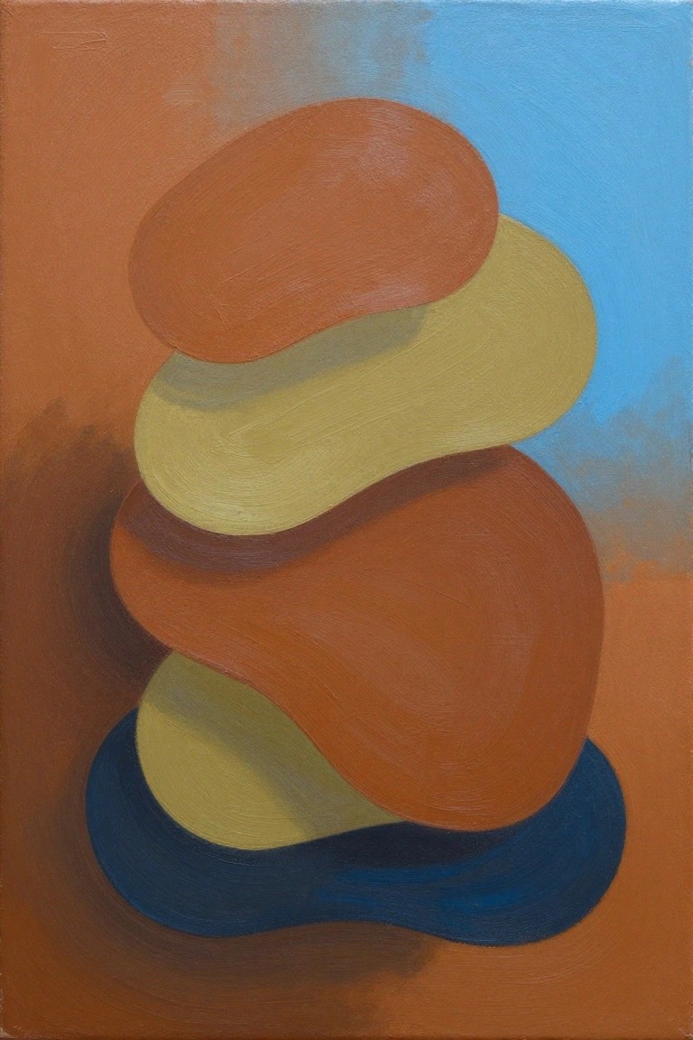 Abstract painting of stacked rounded shapes in orange, yellow, and blue.