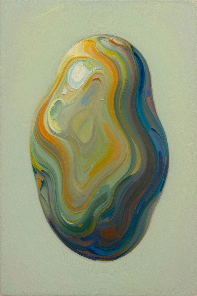 Abstract oval with fluid swirls of blue, orange, yellow, and green paint.