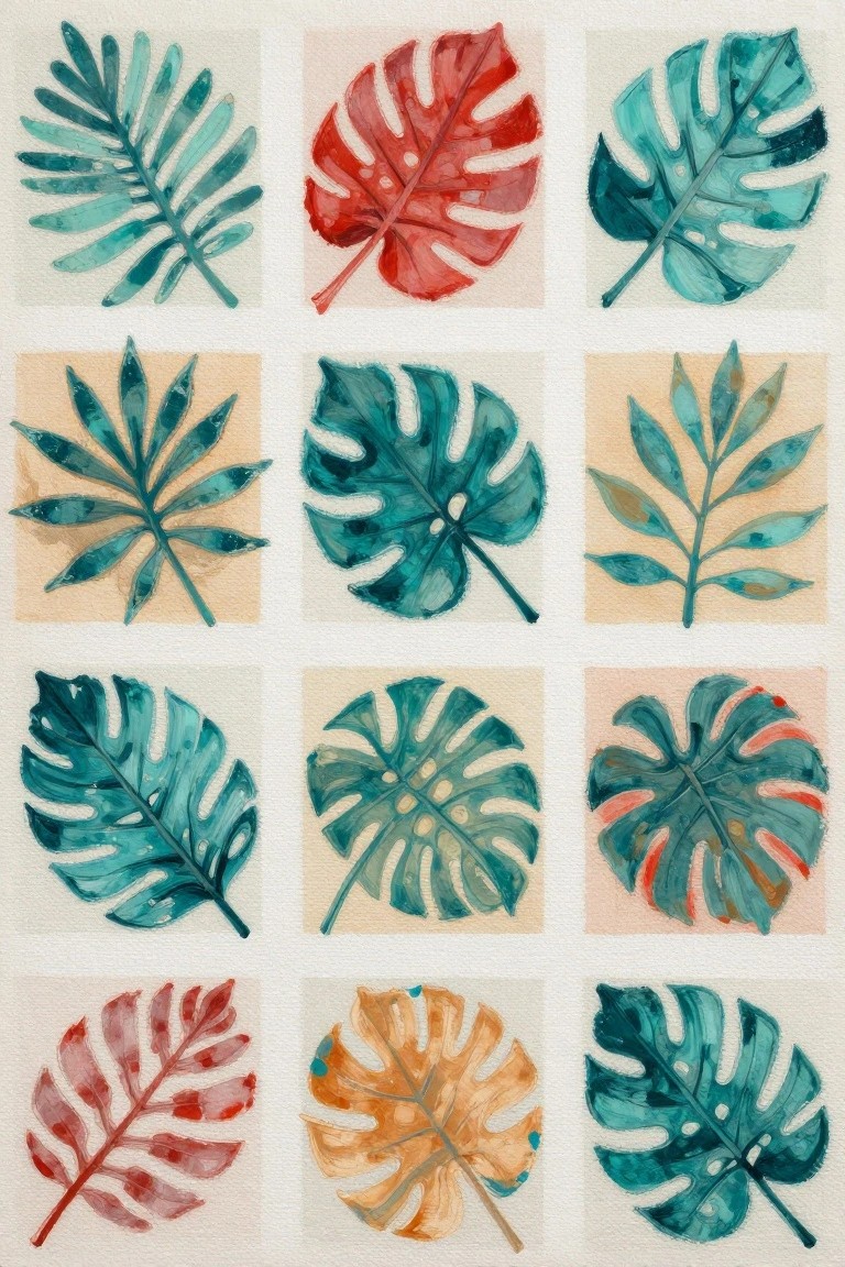Grid of twelve colorful watercolor tropical leaves in green red and orange hues