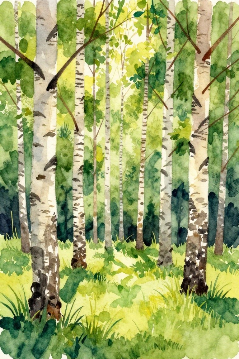 Watercolor birch forest with white trunks, green foliage, and sunlit grassy undergrowth