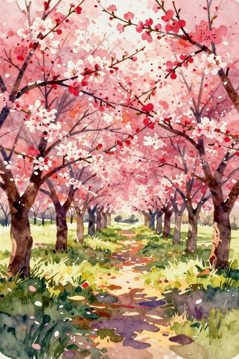 Watercolor painting of path through blooming pink cherry blossom trees in bloom