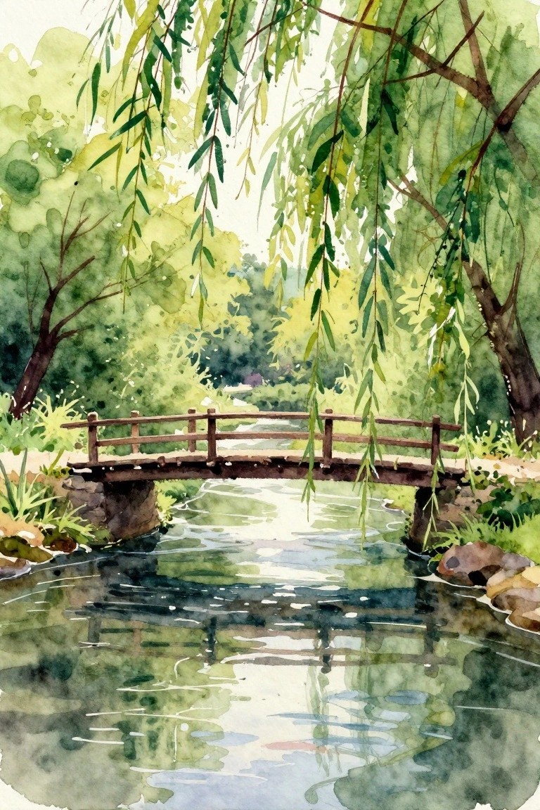 Watercolor of wooden bridge over calm stream with hanging willow branches and reflections.