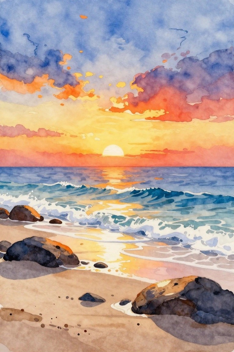 Watercolor sunset over ocean waves with rocks on sandy beach under colorful sky