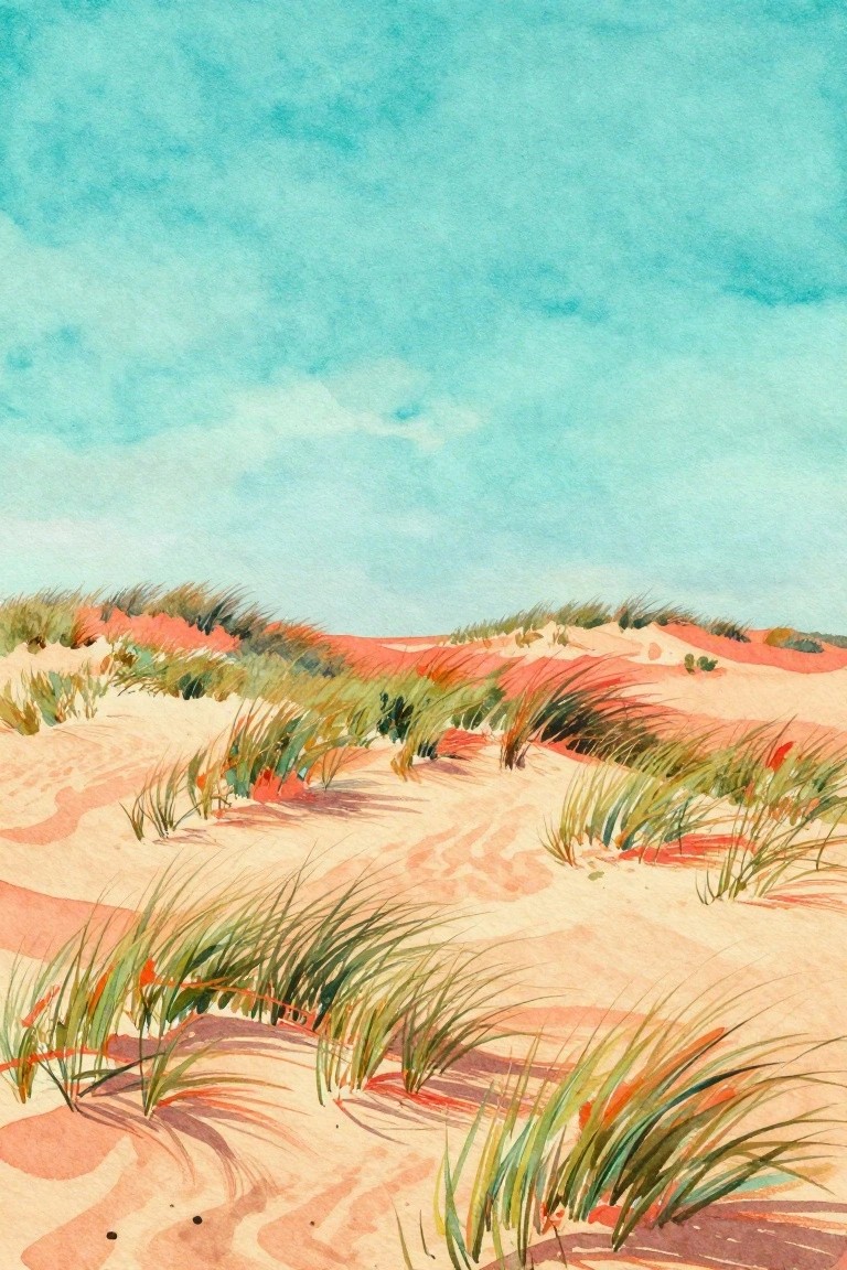 A watercolor painting of sand dunes with green and orange grass under a turquoise sky.
