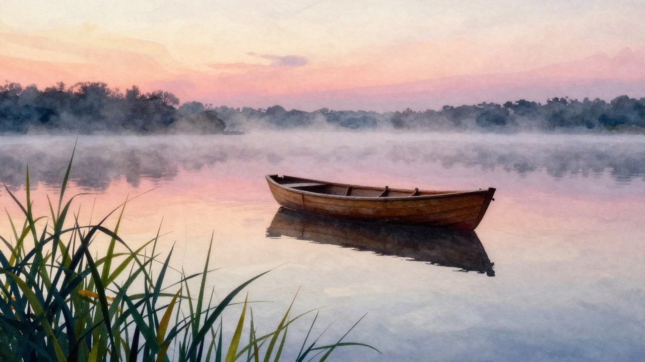 Wooden rowboat on misty lake reflecting pink-orange sunset with foreground reeds