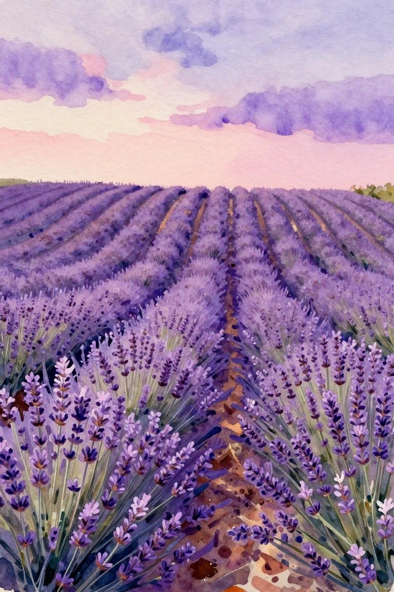 Watercolor of lavender rows along a dirt path under a pink-purple sky