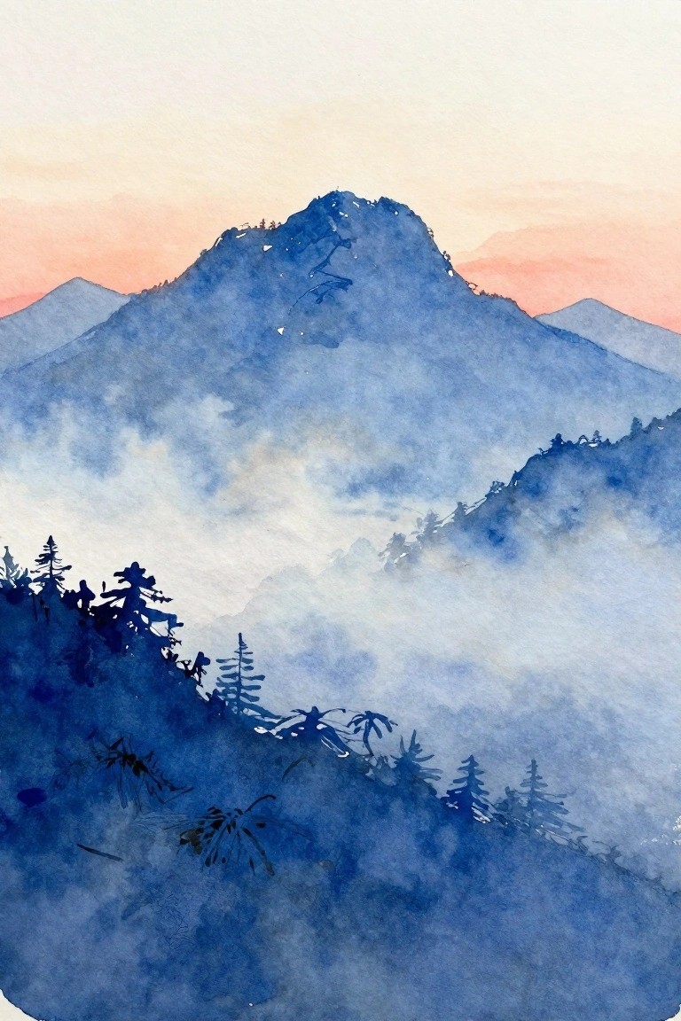 Watercolor of misty blue mountains with silhouetted pines under a pink-orange sky