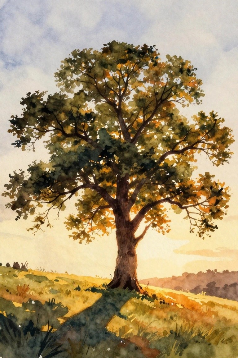 A watercolor painting of a large tree with green and orange leaves standing in a grassy field with a winding path and distant hills at sunset.