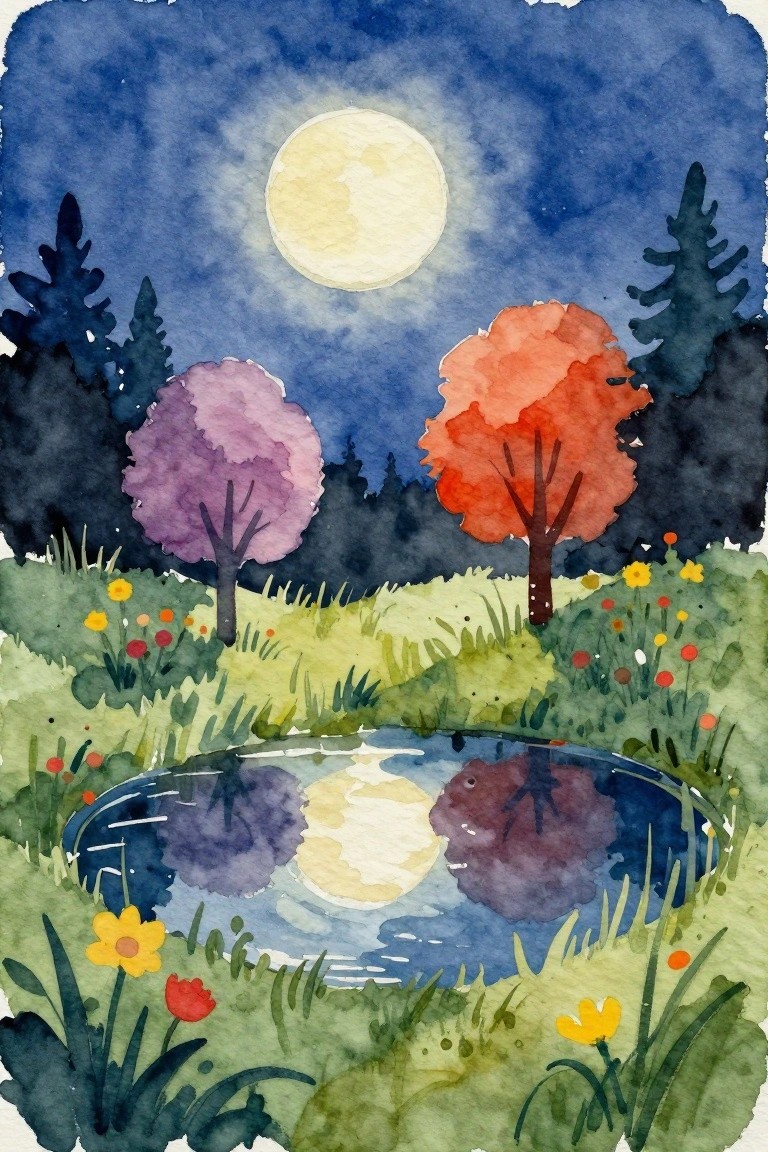 Watercolor night scene of full moon reflected in pond amid colorful trees and flowers