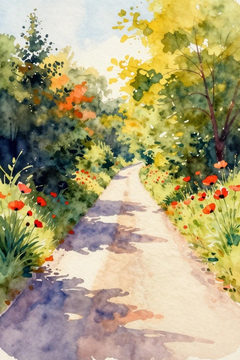 A watercolor painting of a light-colored path receding into the distance, bordered on both sides by red poppies and green-yellow trees.